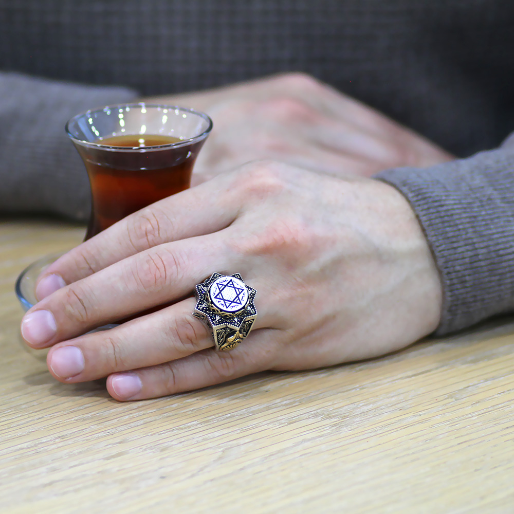 Sıkma Kehribar Üzerine Mührü Süleyman İşlemeli Yıldız Tasarım 925 Ayar Gümüş Erkek Yüzük - 2