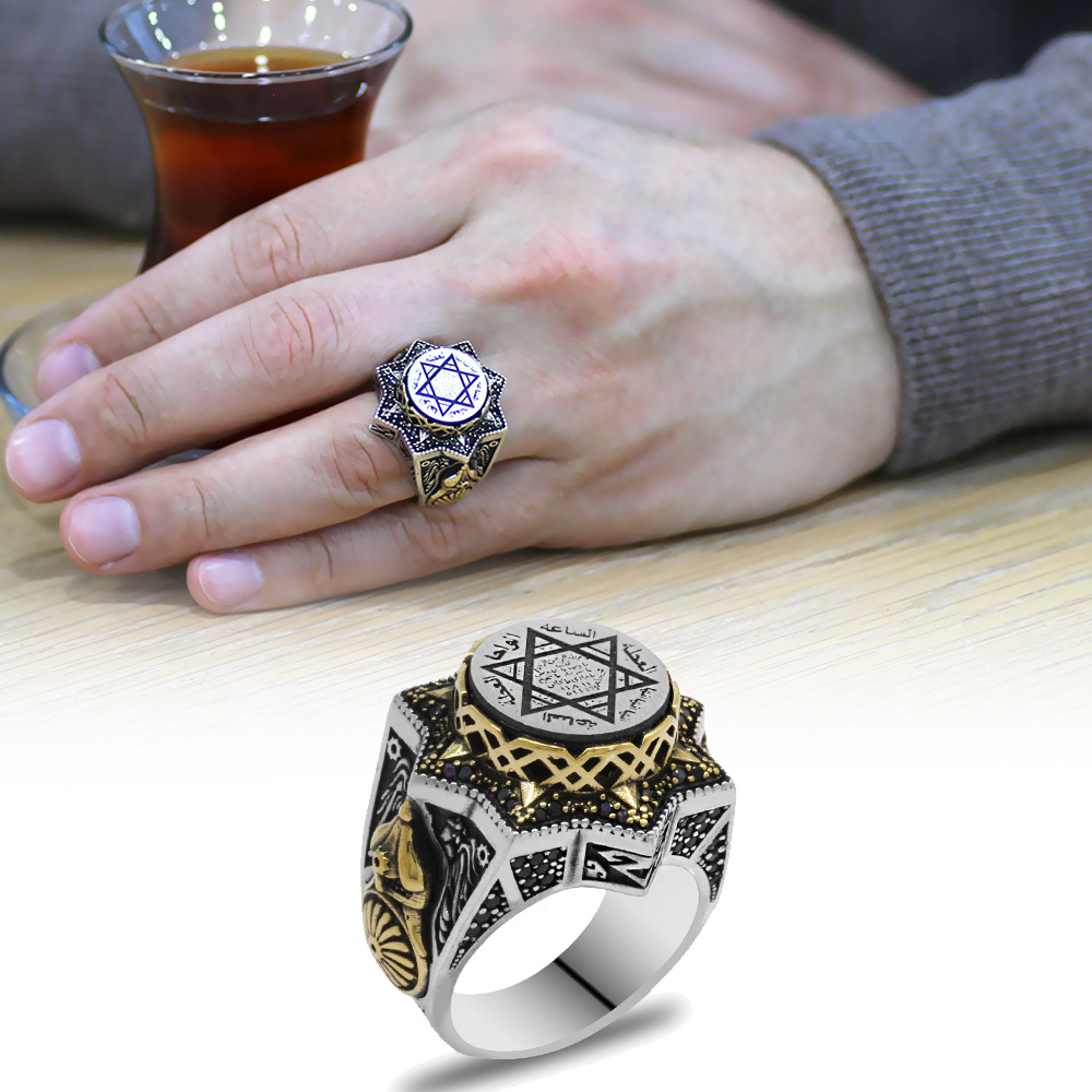 Sıkma Kehribar Üzerine Mührü Süleyman İşlemeli Yıldız Tasarım 925 Ayar Gümüş Erkek Yüzük - 1