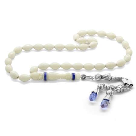 Mavi Taşlı Kararmaz Metal Püsküllü İmame Detaylı Arpa Kesim Deve Kemiği Tesbih - Tesbihane