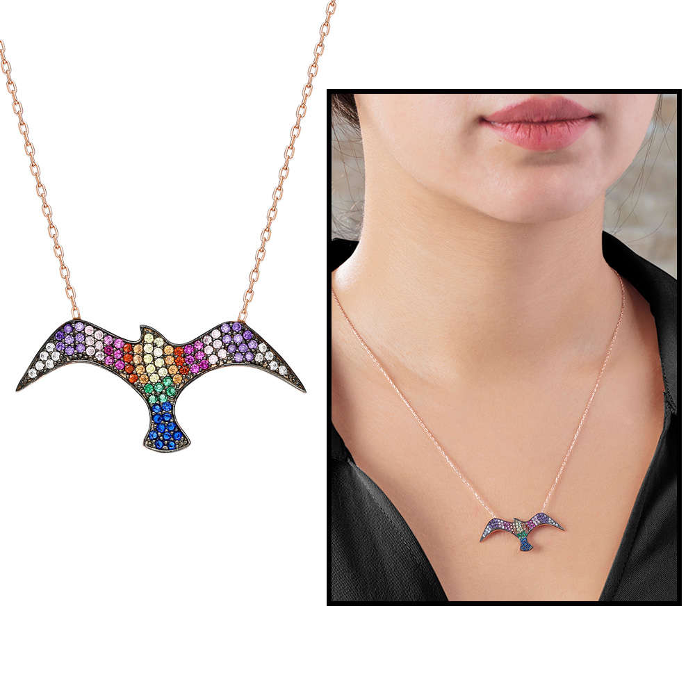 Mavi ve Yeşil Zirkon Taşlı Martı Tasarım 925 Ayar Gümüş Bayan Kolye - 1