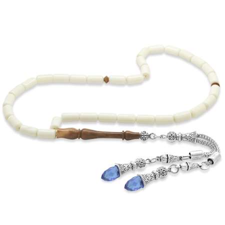 Mavi Zirkon Taş Püsküllü Kesme Kesim Kuka İmameli Deve Kemiği Tesbih - Tesbihane