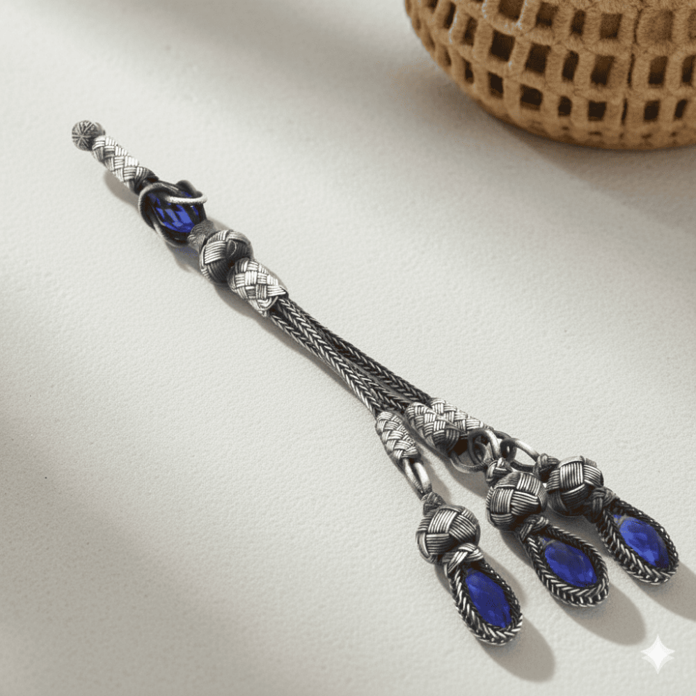 Mavi Zirkon Taşlı 3 lü 1000 Ayar Gümüş Kazaz Püskül - 1