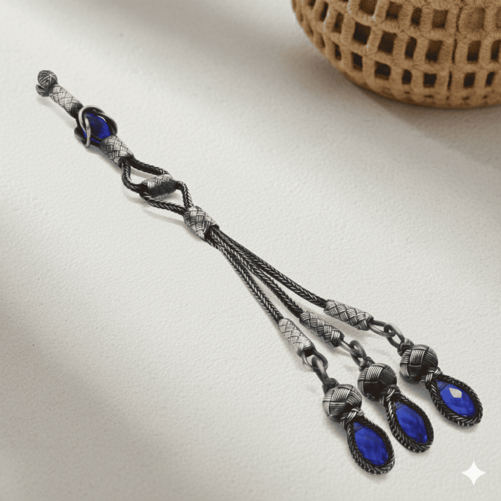 Mavi Zirkon Taşlı 3 lü Uzun Model 1000 Ayar Gümüş Kazaz Püskül - 1