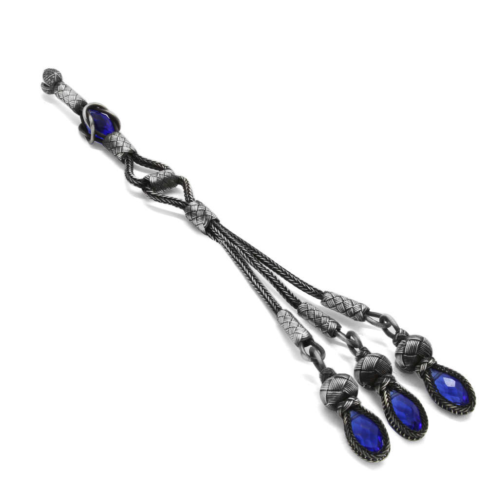 Mavi Zirkon Taşlı 3 lü Uzun Model 1000 Ayar Gümüş Kazaz Püskül - 2