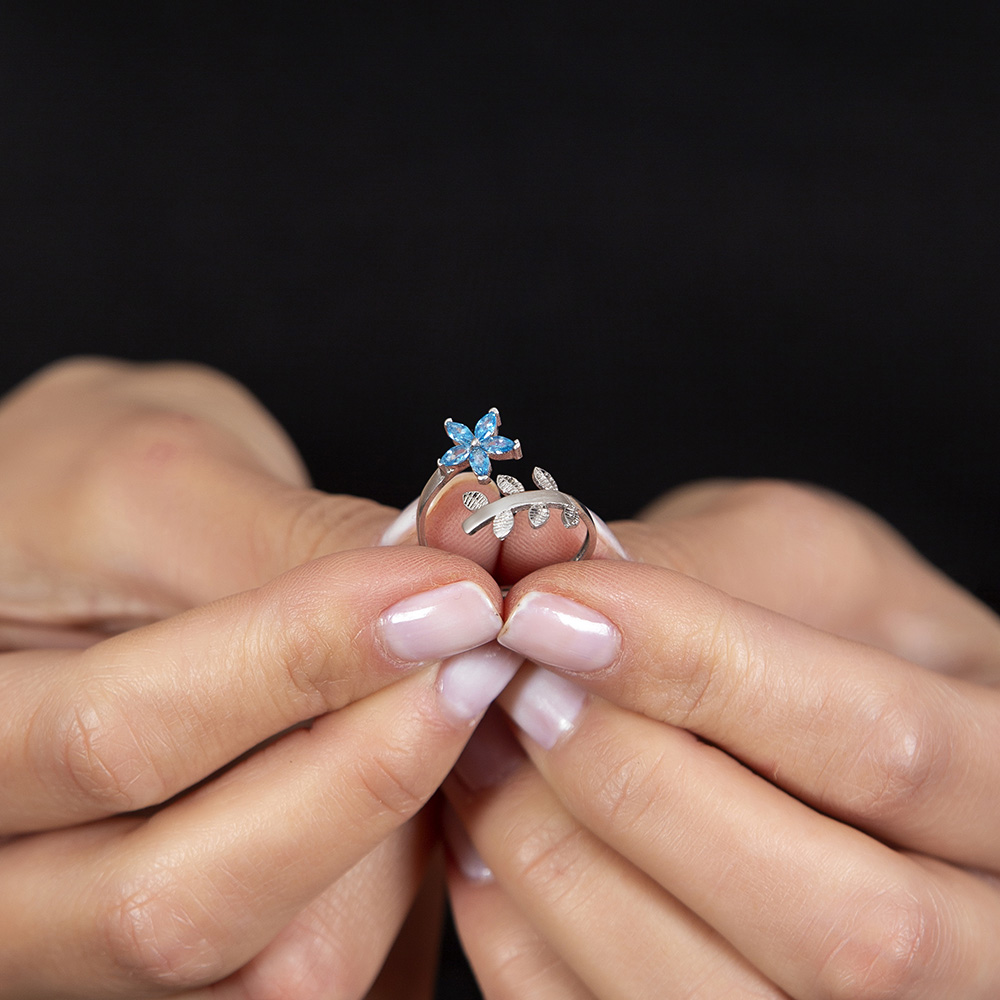 Mavi Zirkon Taşlı Kardelen Çiçeği Tasarım 925 Ayar Gümüş Kadın Yüzük - 2