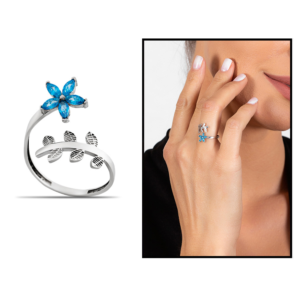 Mavi Zirkon Taşlı Kardelen Çiçeği Tasarım 925 Ayar Gümüş Kadın Yüzük - 1