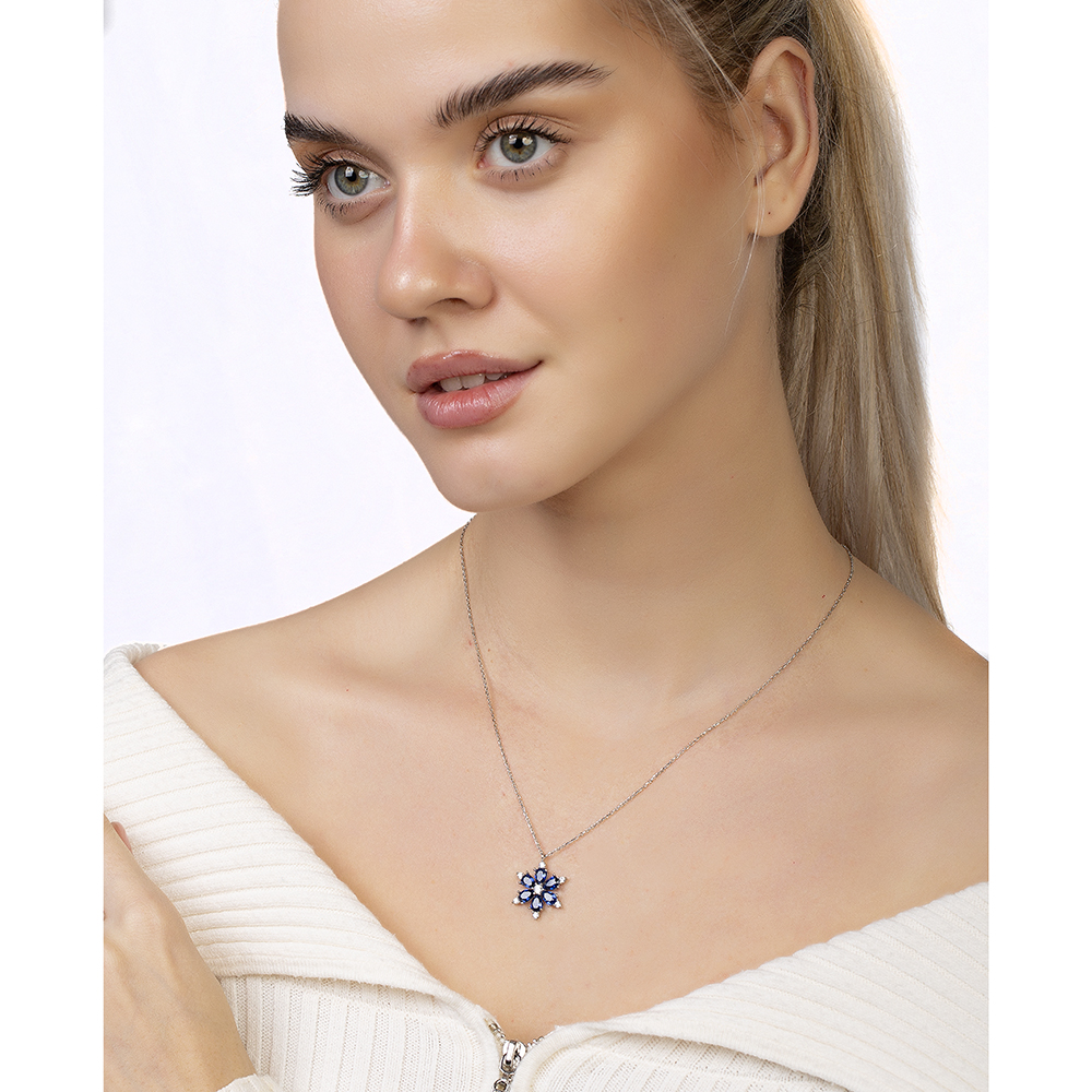 Mavi Zirkon Taşlı Kır Çiçeği Tasarım 925 Ayar Gümüş Kadın Kolye - 2