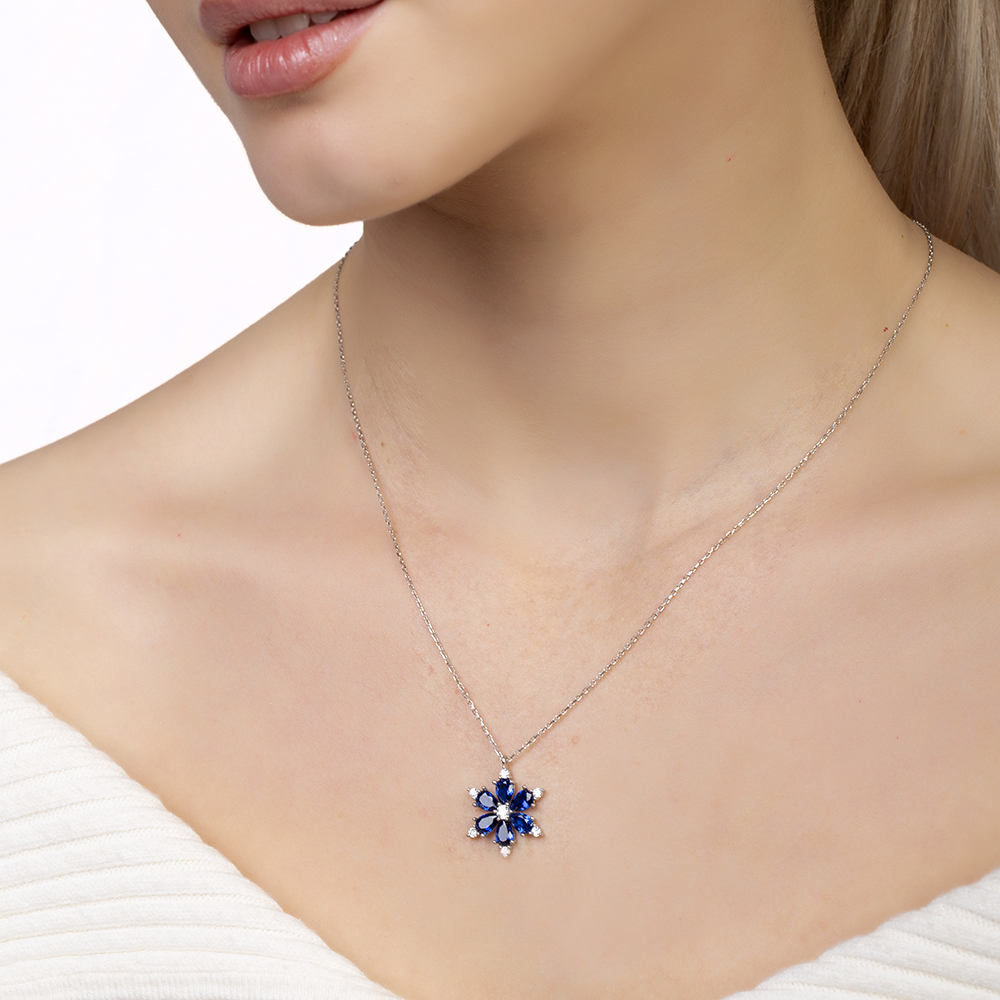 Mavi Zirkon Taşlı Kır Çiçeği Tasarım 925 Ayar Gümüş Kadın Kolye - 3