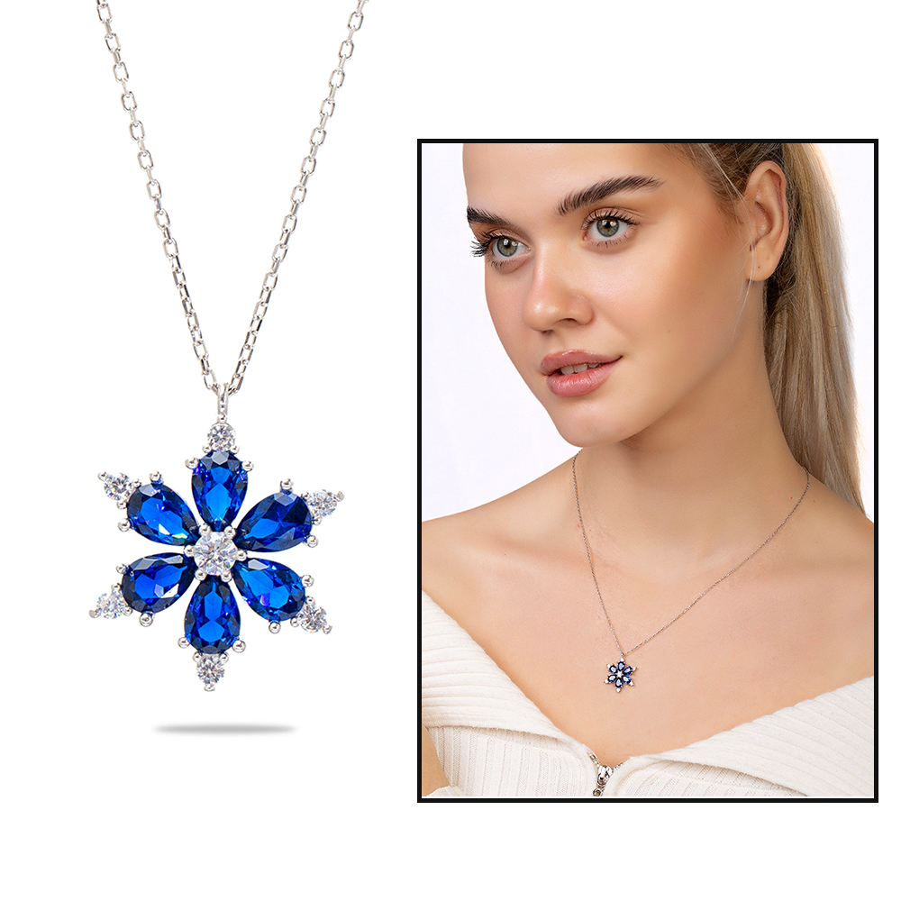 Mavi Zirkon Taşlı Kır Çiçeği Tasarım 925 Ayar Gümüş Kadın Kolye - 1