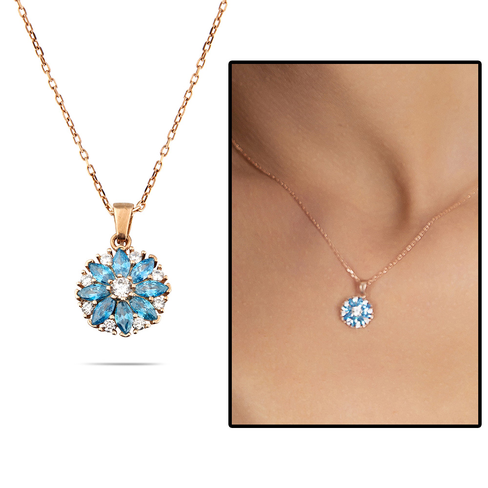 Mavi Zirkon Taşlı Nergis Çiçeği Tasarım Rose Renk 925 Ayar Gümüş Kadın Kolye - 1