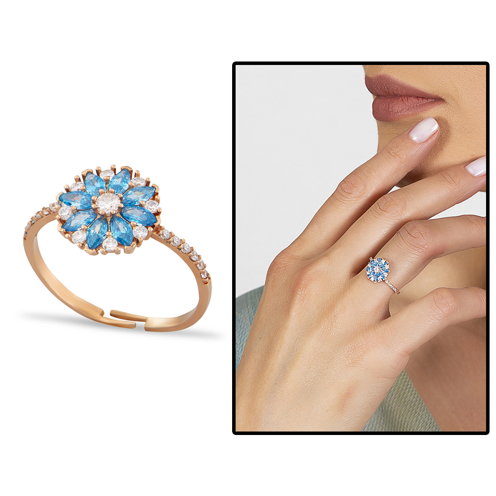 Mavi Zirkon Taşlı Nergis Çiçeği Tasarım Rose Renk 925 Ayar Gümüş Kadın Yüzük - 1