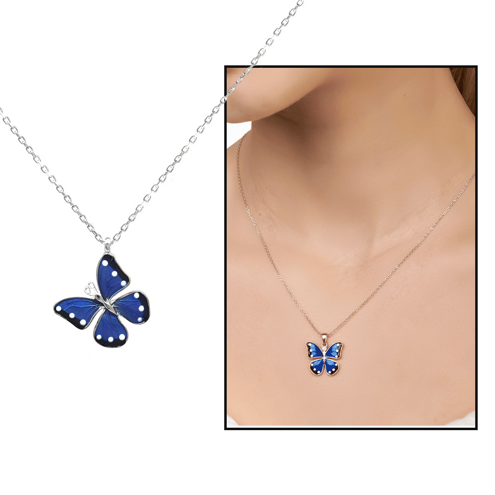 Mavi ve Beyaz Mineli Kelebek Tasarım Gümüş Renk 925 Ayar Gümüş Kadın Kolye - 1