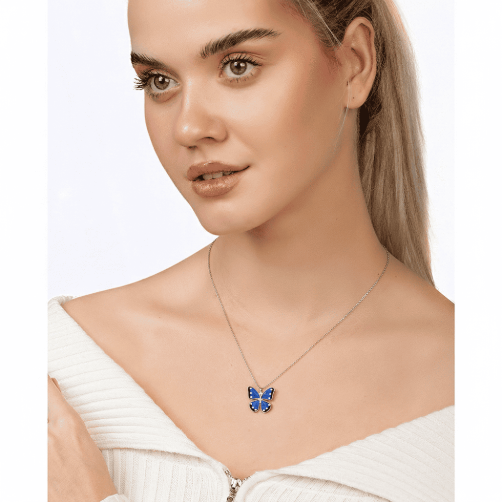 Mavi ve Beyaz Mineli Kelebek Tasarım Gümüş Renk 925 Ayar Gümüş Kadın Kolye - 2