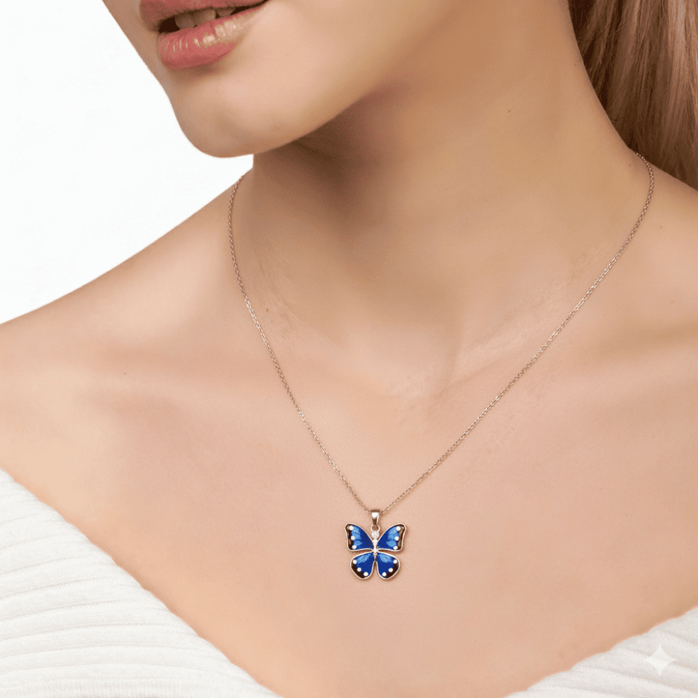 Mavi ve Beyaz Mineli Kelebek Tasarım Gümüş Renk 925 Ayar Gümüş Kadın Kolye - 4