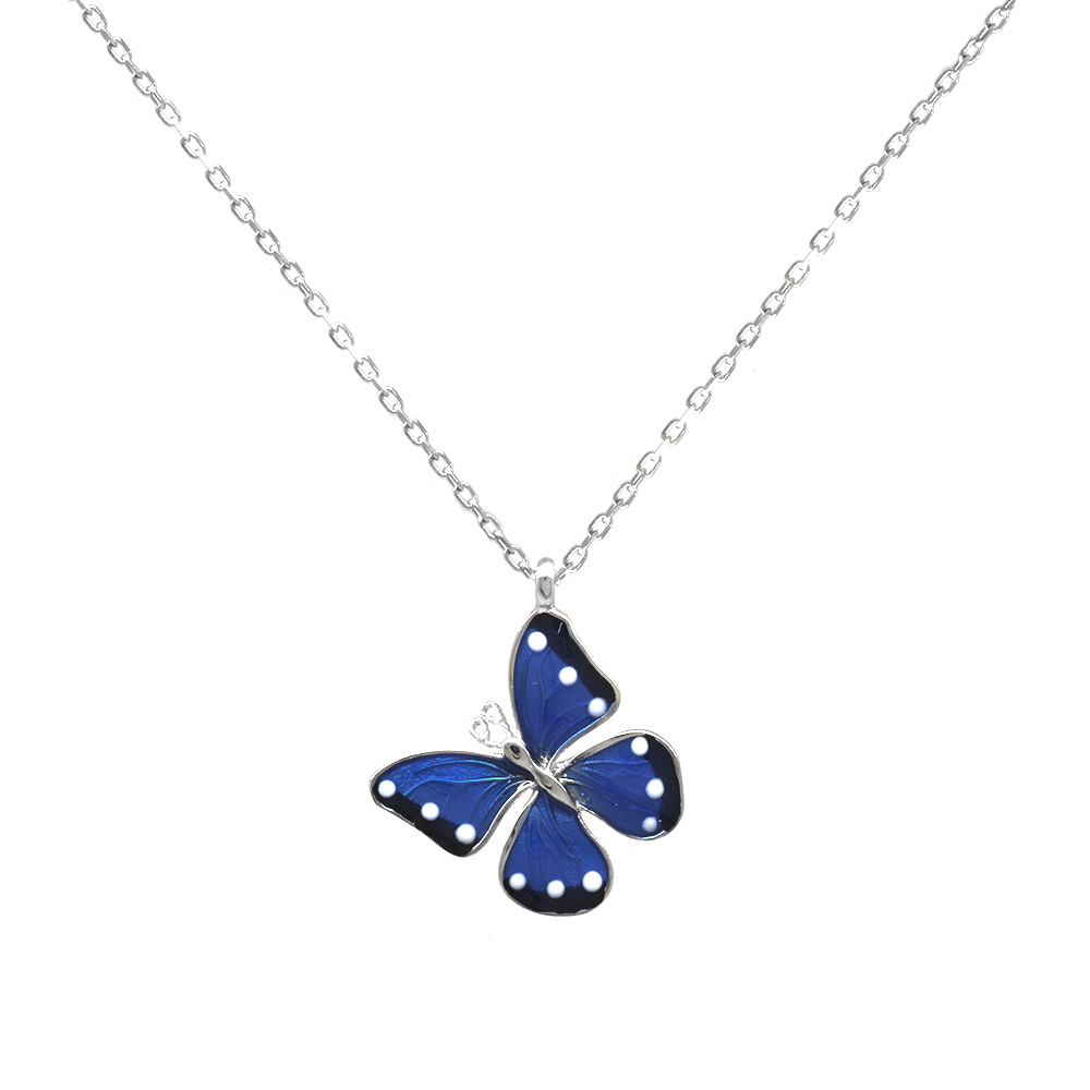 Mavi ve Beyaz Mineli Kelebek Tasarım Gümüş Renk 925 Ayar Gümüş Kadın Kolye - 3