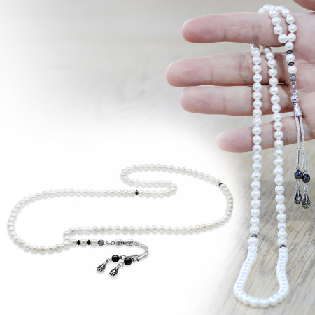 Mayorka İnci Doğaltaş Namaz Tesbihi - Kararmaz Metal Damla Püsküllü - Beyaz Renk - Küre Kesim - Tesbihane