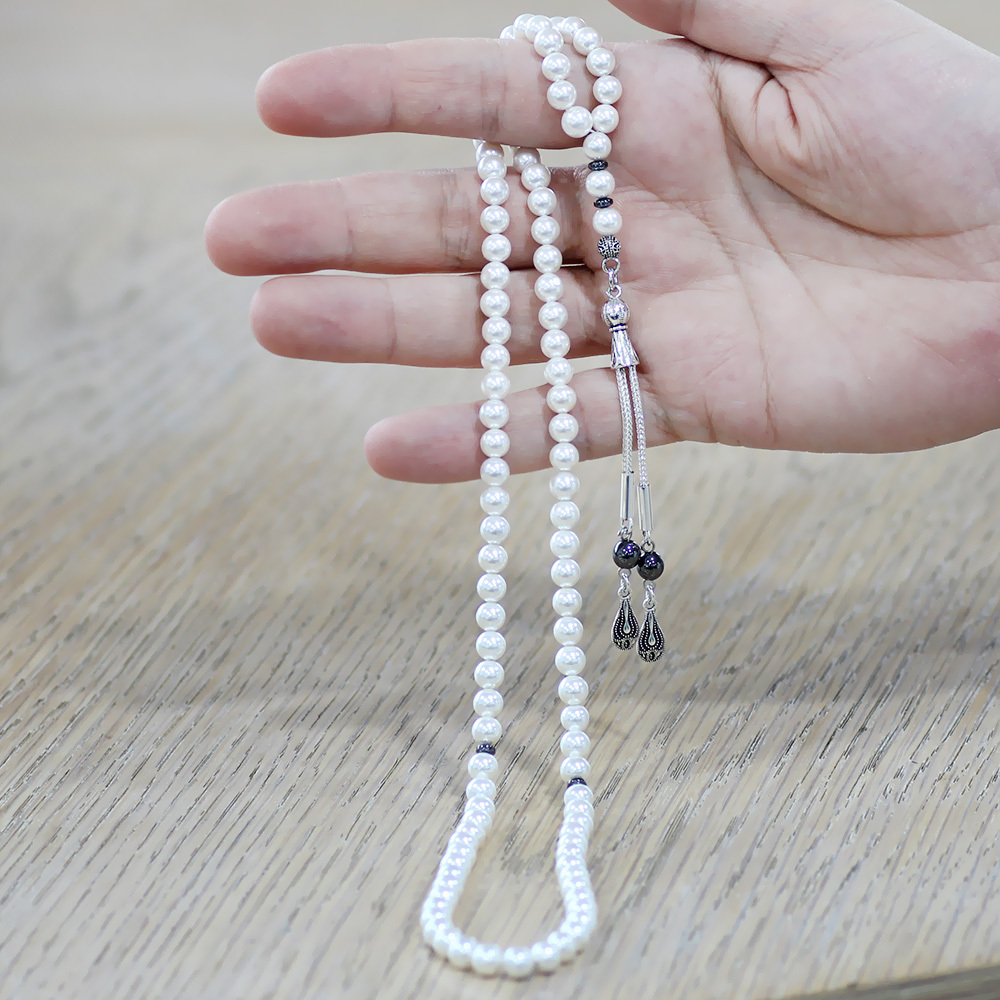 Mayorka İnci Doğaltaş Namaz Tesbihi - Kararmaz Metal Damla Püsküllü - Beyaz Renk - Küre Kesim - 2