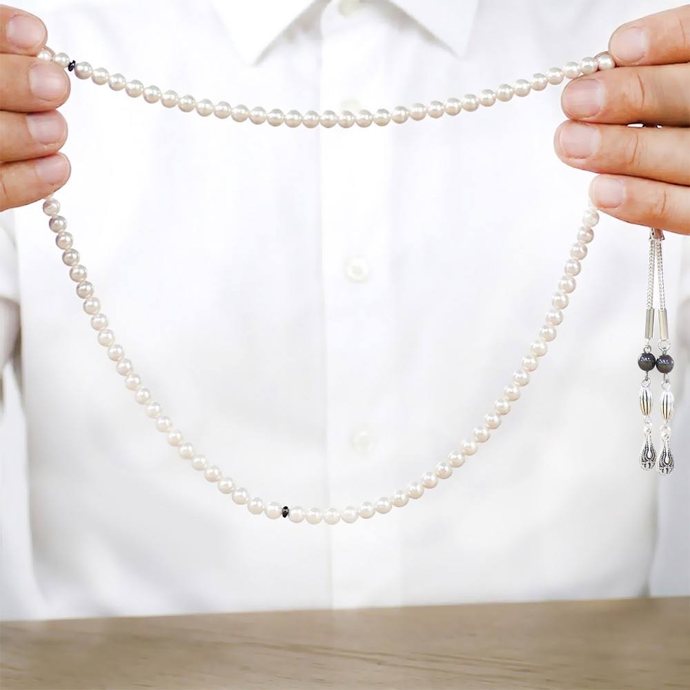 Mayorka İnci Doğaltaş Namaz Tesbihi - Kararmaz Metal Damla Püsküllü - Beyaz Renk - Küre Kesim - 3