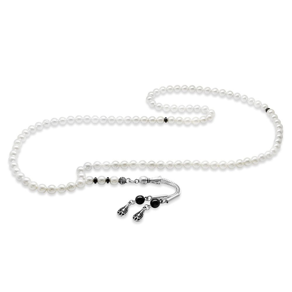 Mayorka İnci Doğaltaş Namaz Tesbihi - Kararmaz Metal Damla Püsküllü - Beyaz Renk - Küre Kesim - 4