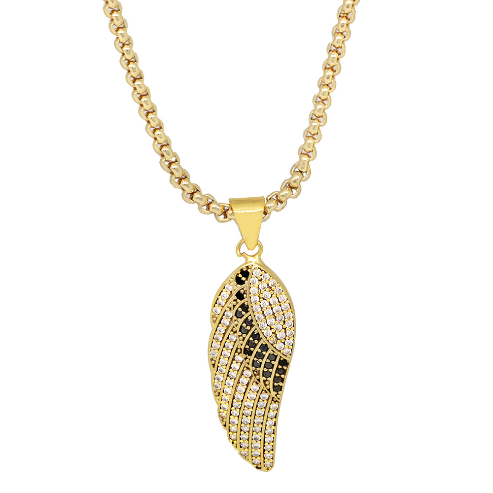 Melek Kanadı Tasarım Siyah-Beyaz Zirkon Taşlı Gold Renk Zincir Pirinç Kolye - 3