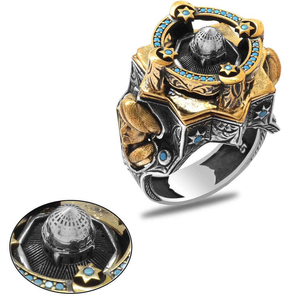 Mescidi Aksa Detaylı Kenarları Fatih Sultan Mehmet İşlemeli Koleksiyonluk 925 Ayar Gümüş Erkek Yüzük - 2