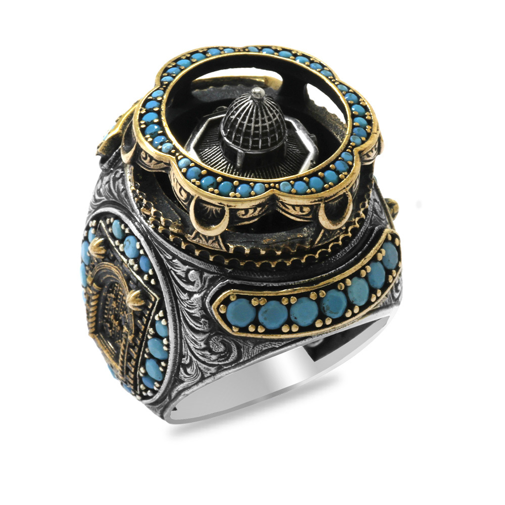 Mescidi Aksa Detaylı Kenarları Mikro Firuze Taş Süslemeli Avangarde 925 Ayar Gümüş Erkek Yüzük - 3