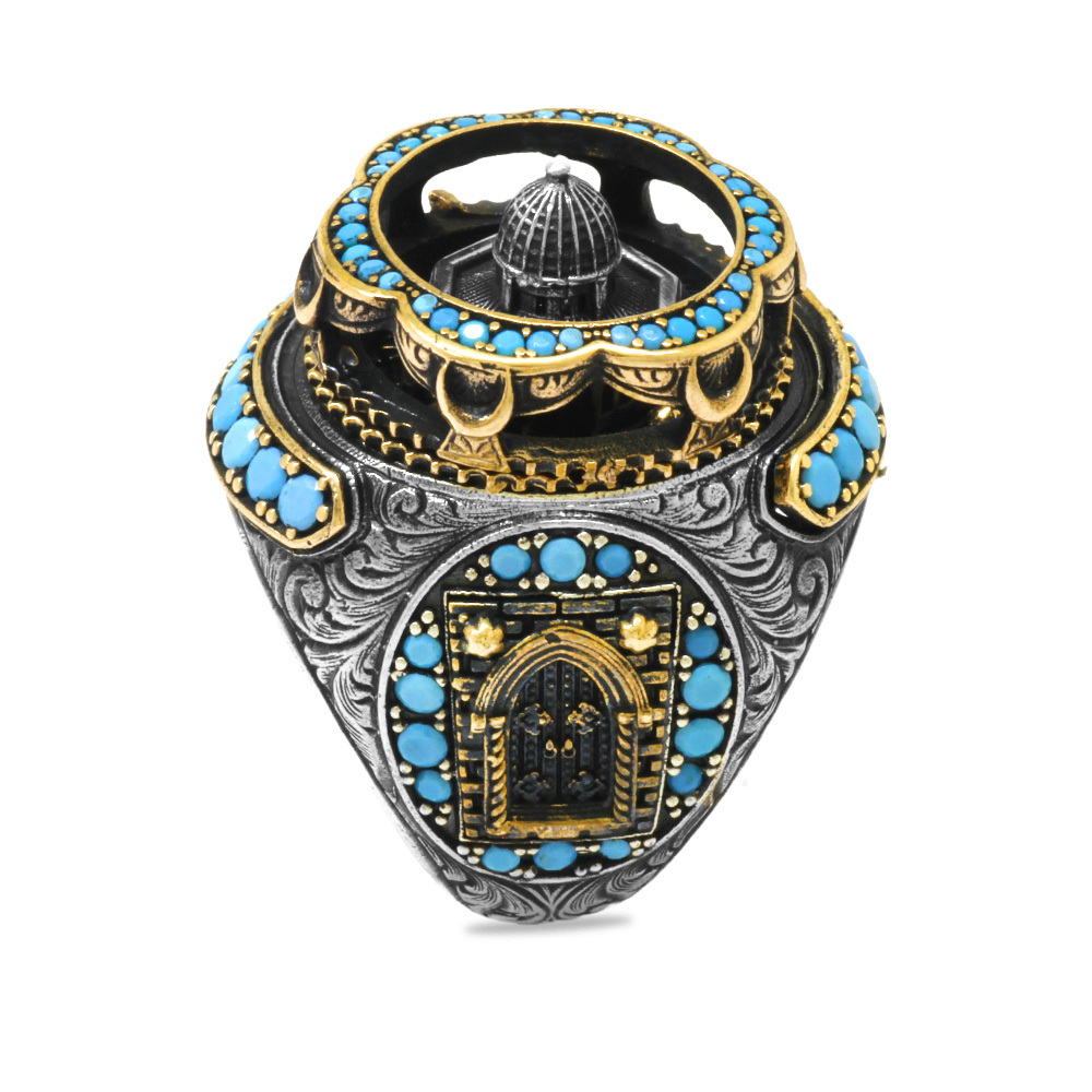 Mescidi Aksa Detaylı Kenarları Mikro Firuze Taş Süslemeli Avangarde 925 Ayar Gümüş Erkek Yüzük - 4