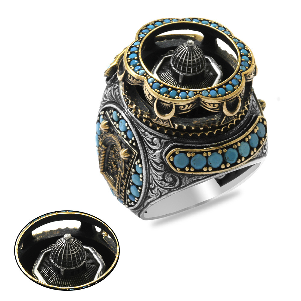 Mescidi Aksa Detaylı Kenarları Mikro Firuze Taş Süslemeli Avangarde 925 Ayar Gümüş Erkek Yüzük - 2