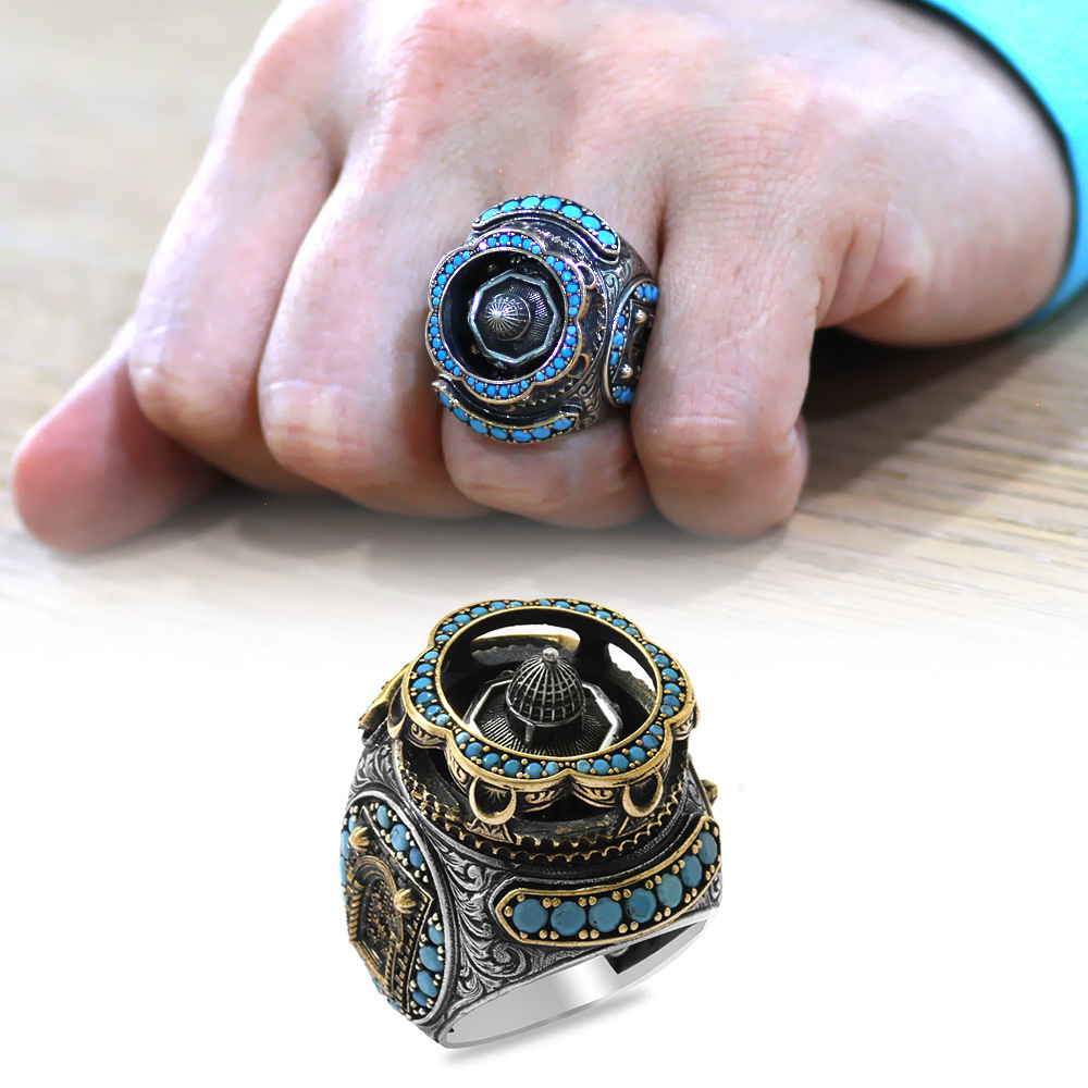 Mescidi Aksa Detaylı Kenarları Mikro Firuze Taş Süslemeli Avangarde 925 Ayar Gümüş Erkek Yüzük - 1