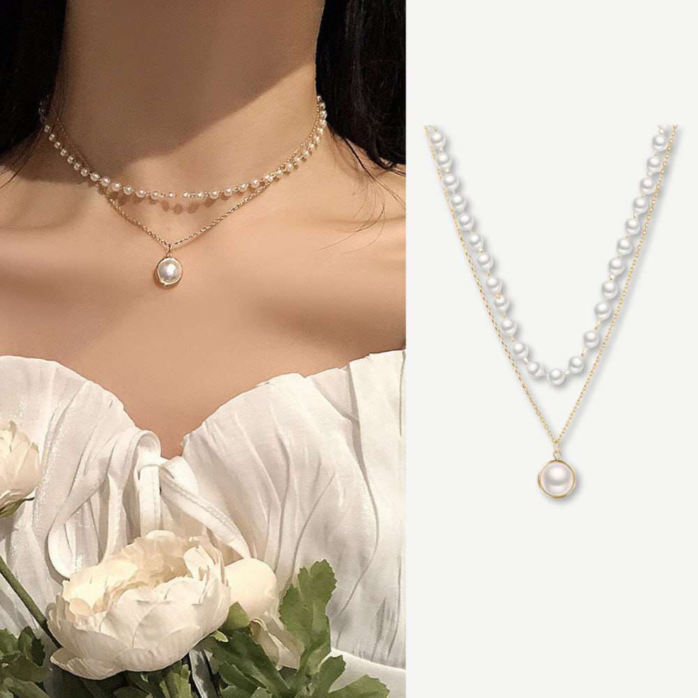 Metal Alaşım Üzeri Altın Kaplama İnci Kombinli Kadın Kolye - 1