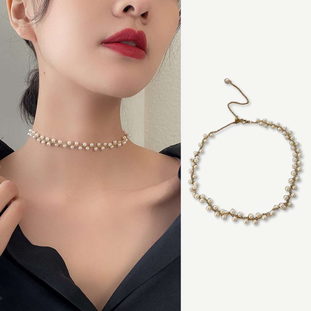 Metal Alaşım Üzeri Altın Kaplama Uzunluğu Ayarlanabilir Kadın İnci Kolye - 1