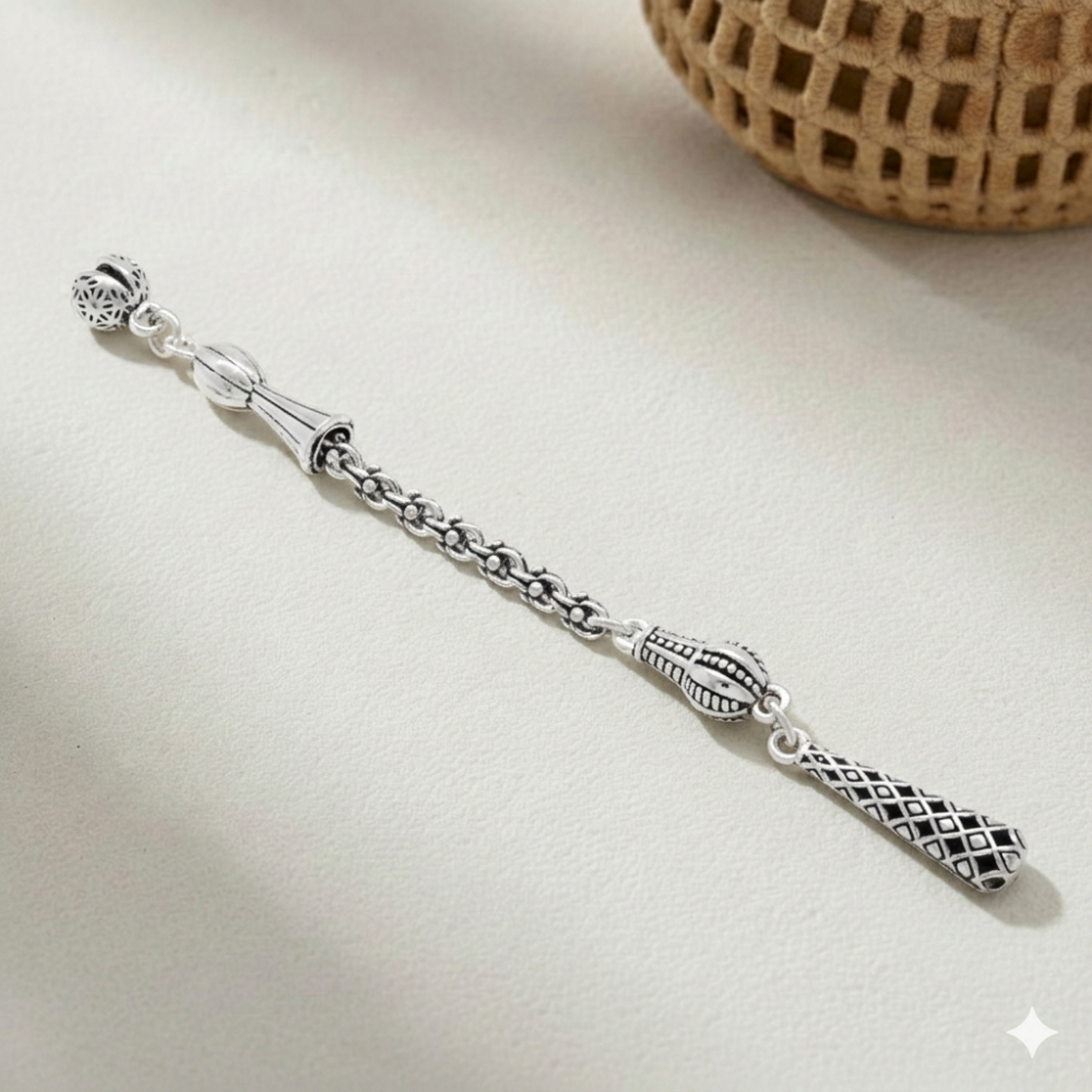 Metal Püskül - Arnavut Zincirli - Tek Kamçılı - Osmanlı Saltanat Desenli - Gümüş Renk - 1