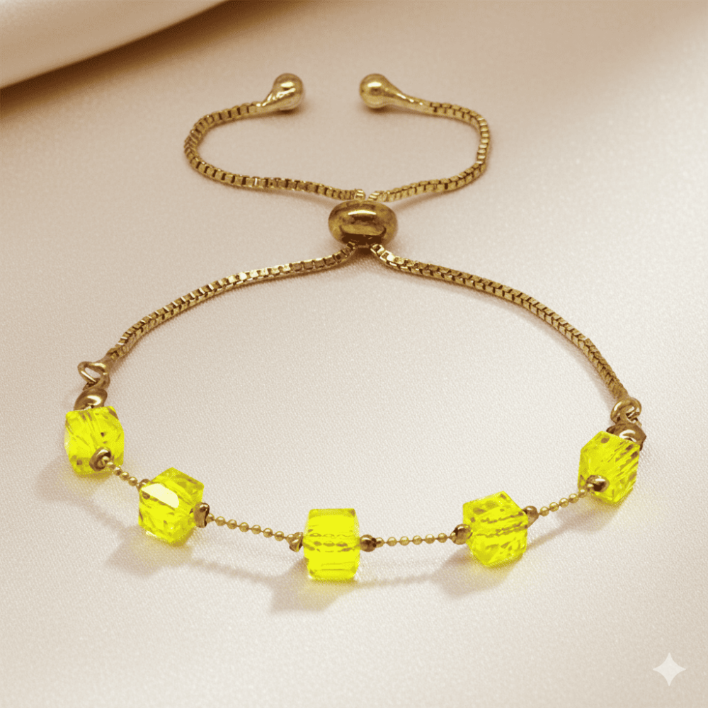 Metal Zincirli Küp Kesim Sarı Kristal Taşlı Asansörlü Kadın Bileklik - 3