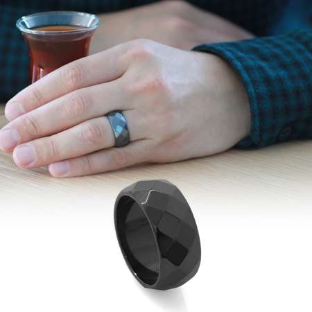 Metalik Gri Renkli Faset Kesim Hematit Doğaltaş Erkek Yüzük 14 Ölçü - Tesbihane