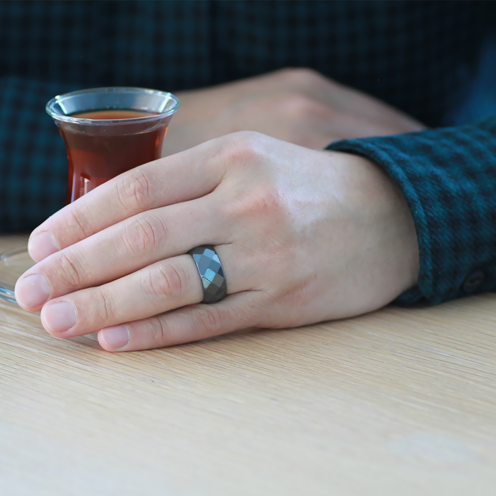 Metalik Gri Renkli Faset Kesim Hematit Doğaltaş Erkek Yüzük 14 Ölçü - 3