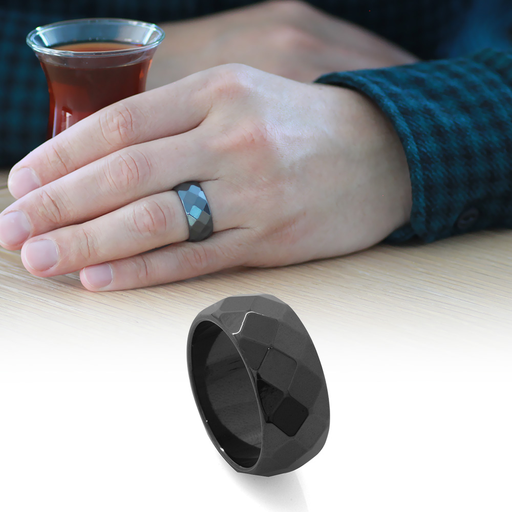 Metalik Gri Renkli Faset Kesim Hematit Doğaltaş Erkek Yüzük 14 Ölçü - 1