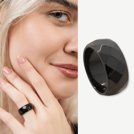 Metalik Gri Renkli Faset Kesim Hematit Doğaltaş Kadın Yüzük 14 Ölçü - Tesbihane