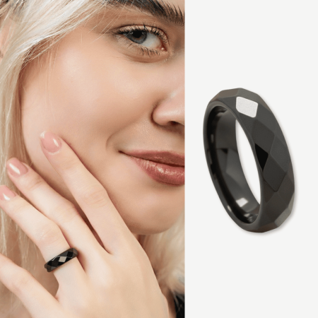 Metalik Gri Renkli Faset Kesim İnce Hematit Doğaltaş Kadın Yüzük 14 Ölçü - Tesbihane