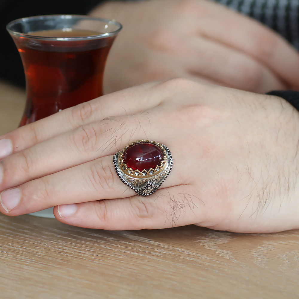 Mikro İşlemeli Kırmızı Ruby Taşlı 925 Ayar Gümüş Erkek Yüzük - 2