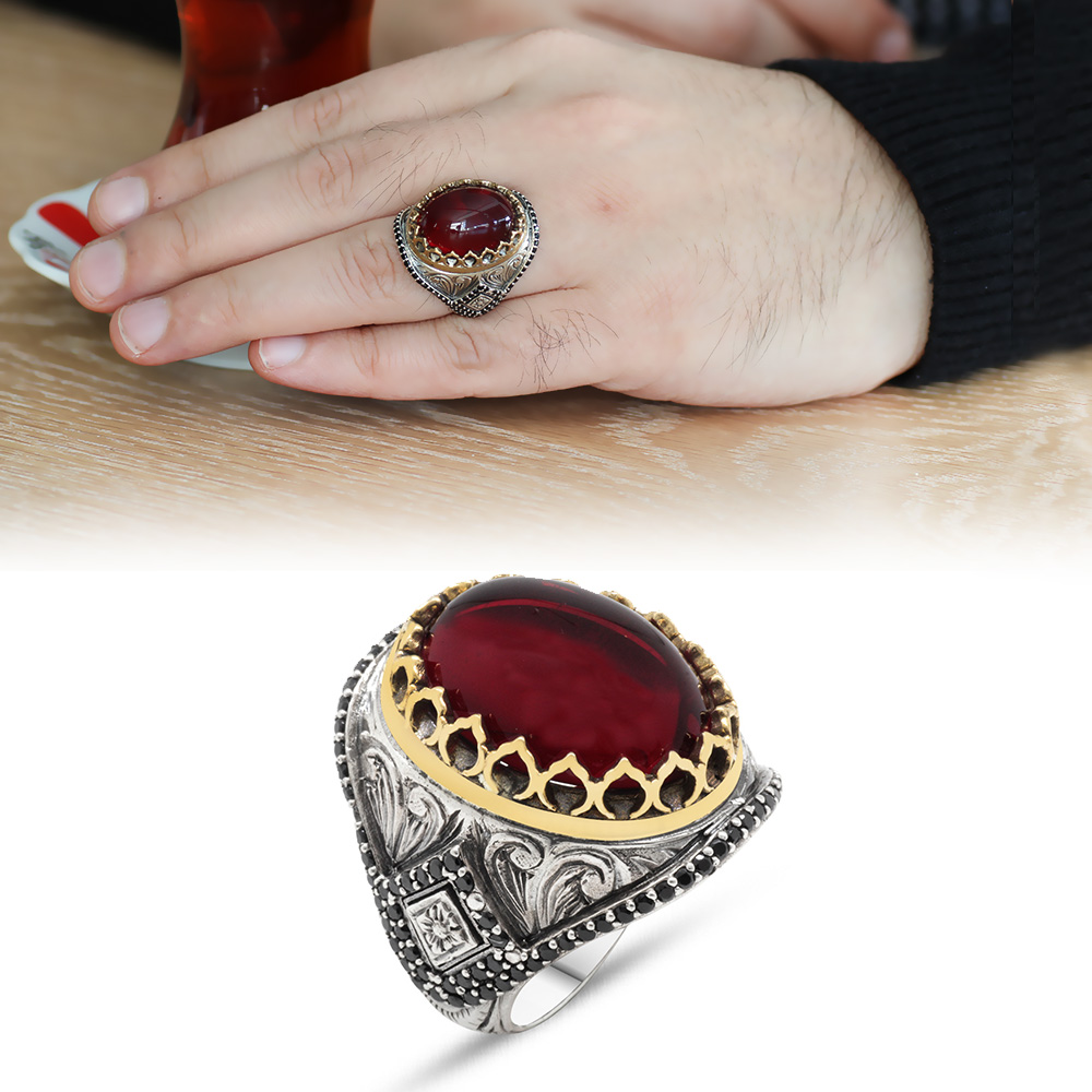 Mikro İşlemeli Kırmızı Ruby Taşlı 925 Ayar Gümüş Erkek Yüzük - 1