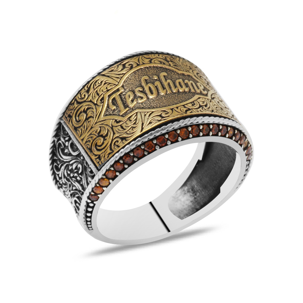 Mikro Kırmızı Zirkon Taş Mıhlamalı İsme Özel Yazılı 925 Ayar Gümüş Erkek Yüzük - 3