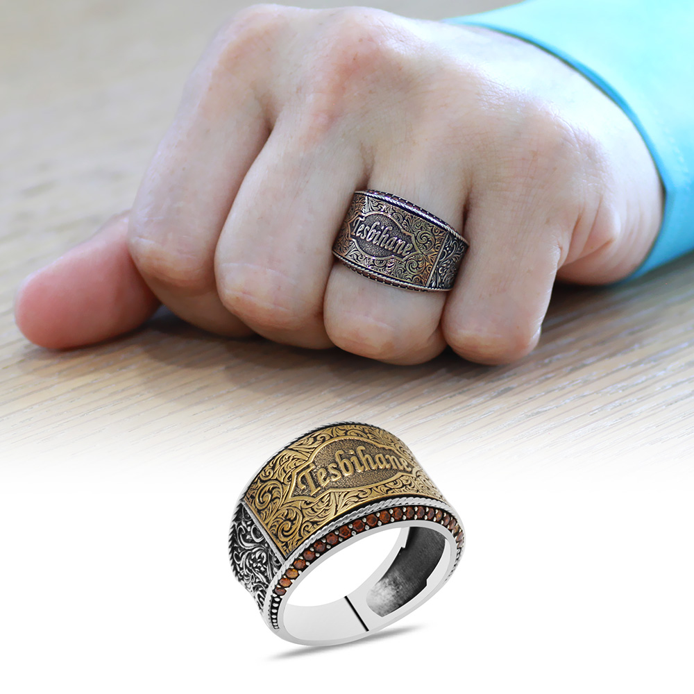 Mikro Kırmızı Zirkon Taş Mıhlamalı İsme Özel Yazılı 925 Ayar Gümüş Erkek Yüzük - 1