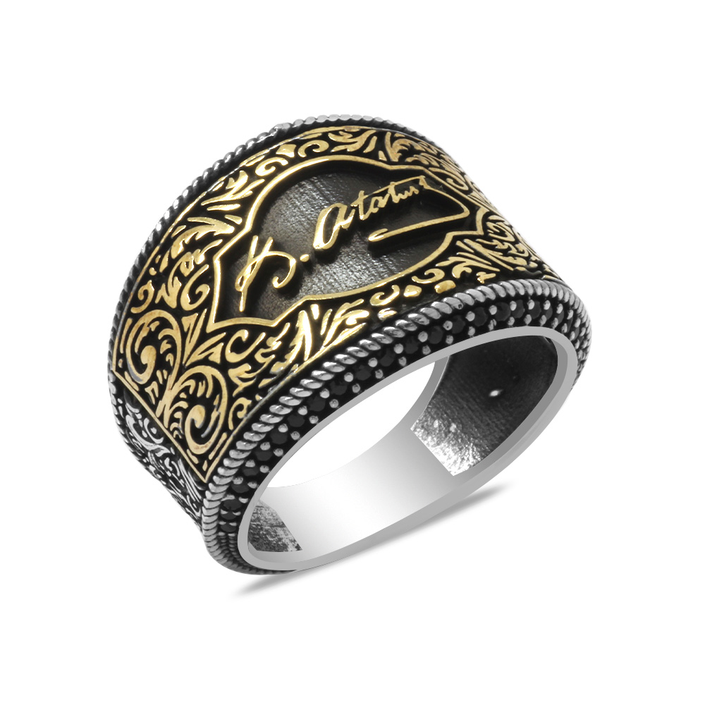 Mikro Siyah Zirkon Taş Mıhlamalı Atatürk İmzalı 925 Ayar Gümüş Erkek Yüzük - 3