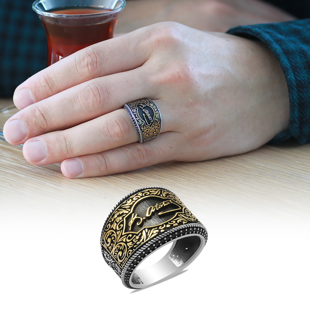 Mikro Siyah Zirkon Taş Mıhlamalı Atatürk İmzalı 925 Ayar Gümüş Erkek Yüzük - 1