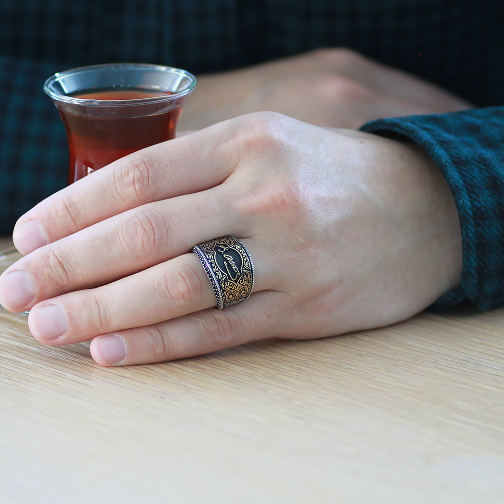 Mikro Siyah Zirkon Taş Mıhlamalı Atatürk İmzalı 925 Ayar Gümüş Erkek Yüzük - 2