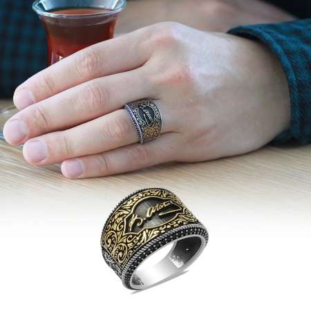 Mikro Siyah Zirkon Taş Mıhlamalı Atatürk İmzalı 925 Ayar Gümüş Erkek Yüzük - Tesbihane