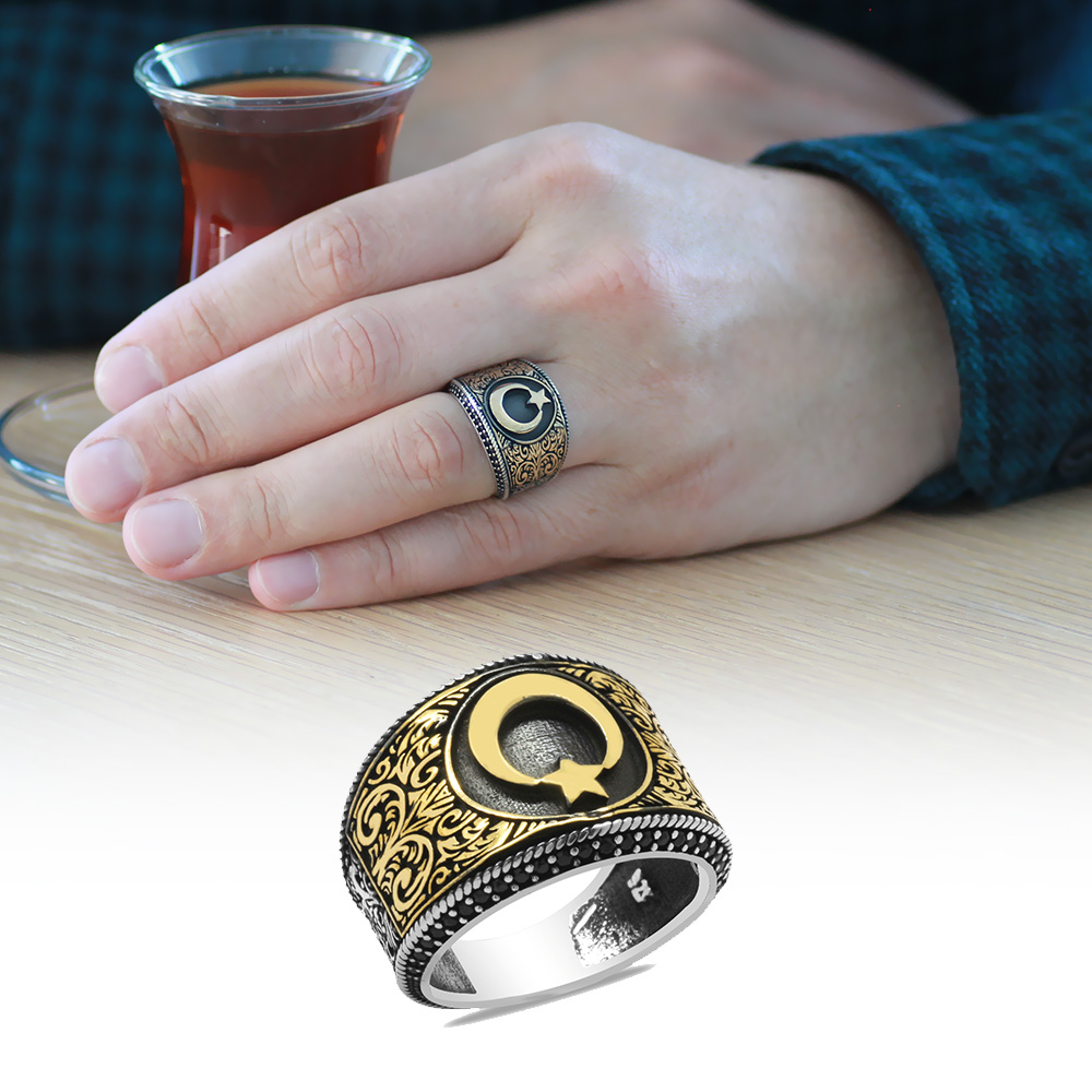 Mikro Siyah Zirkon Taş Mıhlamalı Ayyıldız Tasarım 925 Ayar Gümüş Erkek Yüzük - 1