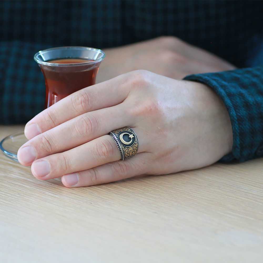 Mikro Siyah Zirkon Taş Mıhlamalı Ayyıldız Tasarım 925 Ayar Gümüş Erkek Yüzük - 2