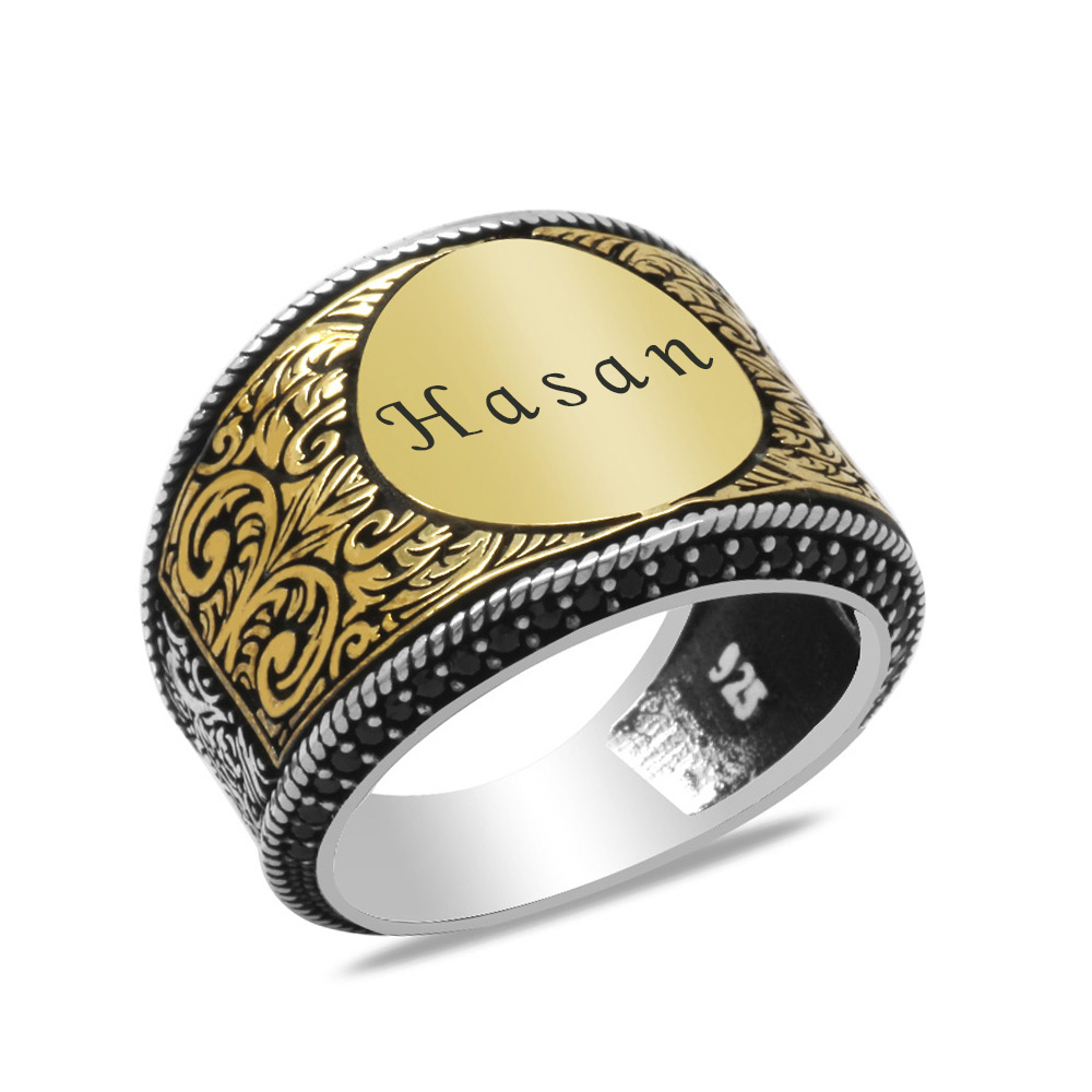Siyah Zirkon Taş Mıhlamalı Kalem İşçilik Tasarım İsme Özel Veya Harf Yazılı 925 Ayar Gümüş Erkek Yüzük - 5