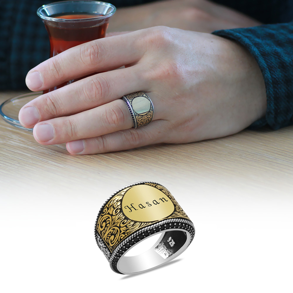 Siyah Zirkon Taş Mıhlamalı Kalem İşçilik Tasarım İsme Özel Veya Harf Yazılı 925 Ayar Gümüş Erkek Yüzük - 1